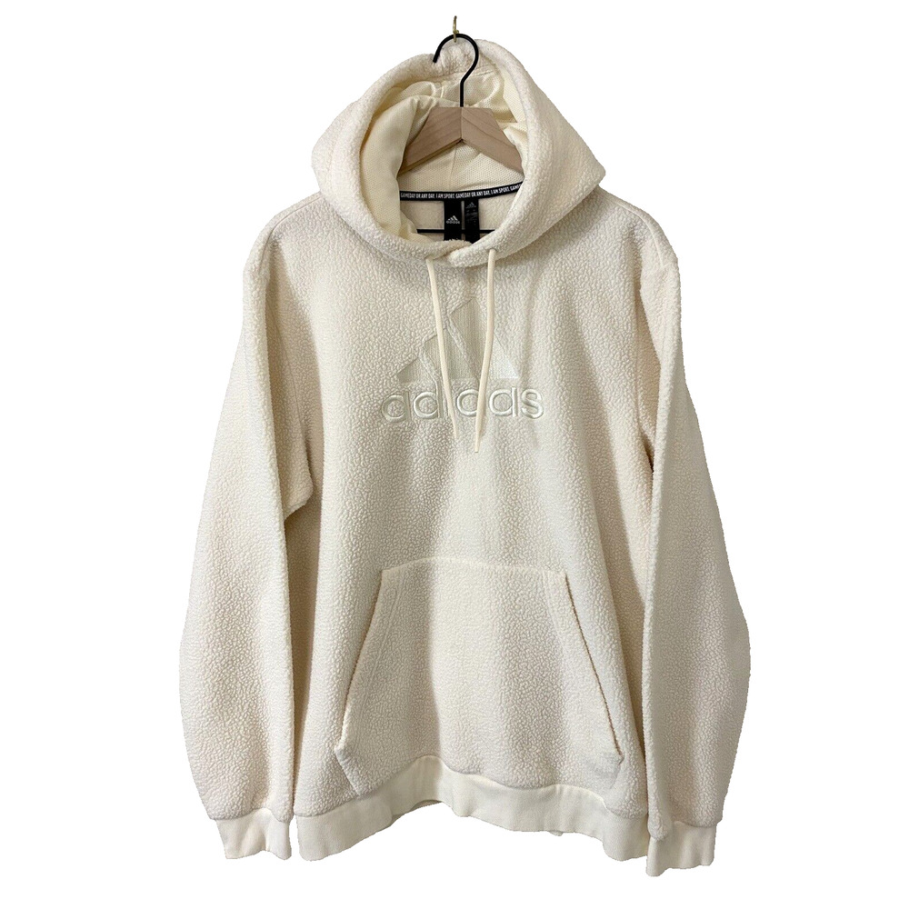 Adidas Sherpa Hoodie Pullover Womens Size XL White Embroidered Trefoil Logo EUC